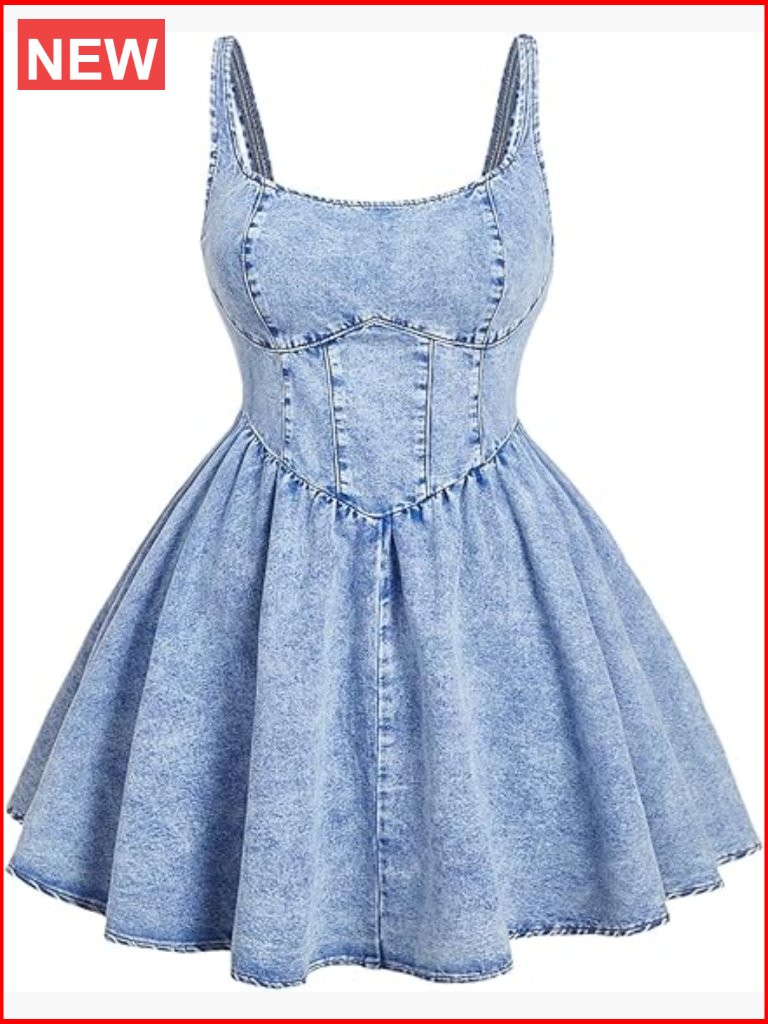 Plus Size Scoop Neck Denim Dress Sleeveless A-Line Flowy Mini Jean Dress